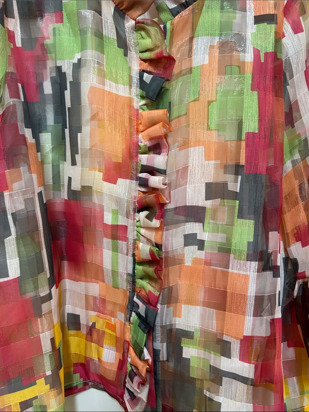 Joseph Ribkoff Size 10 Pixelated Geometric Ruffle-Front Sheer Blouse - Picture 9 of 16